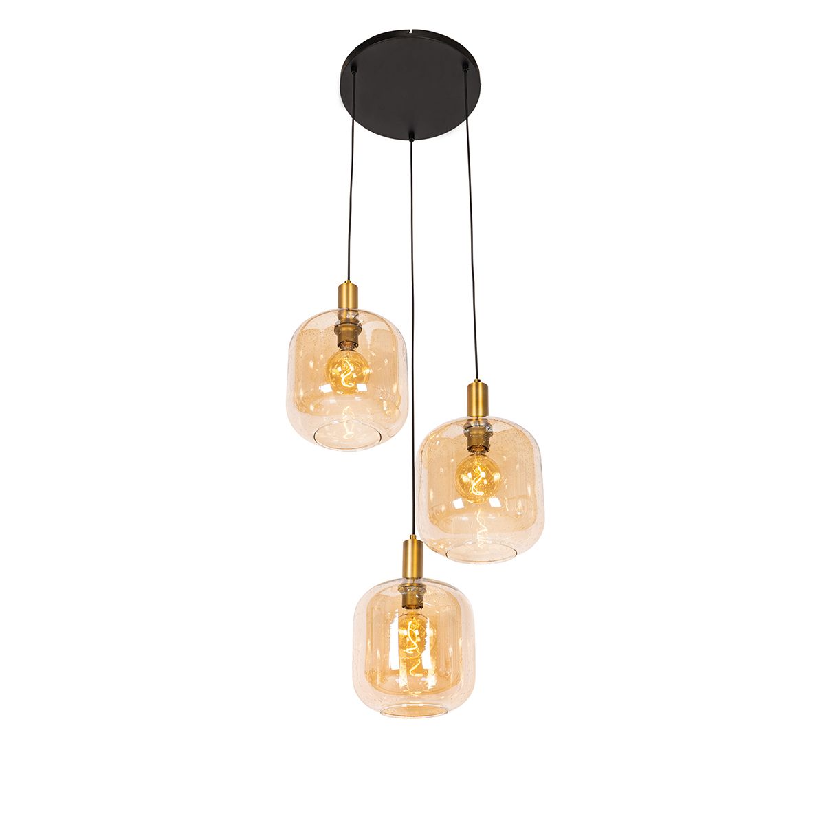 Design hanglamp zwart met messing en amber glas 3-lichts - Zuzanna