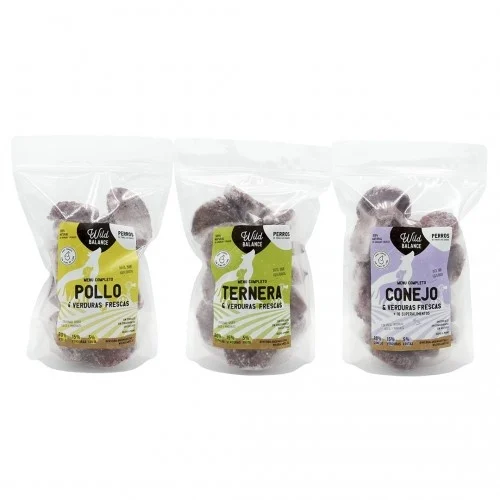 Pacote misto com cardápio completo BARF para cães, nos sabores frango, carne e coelho.