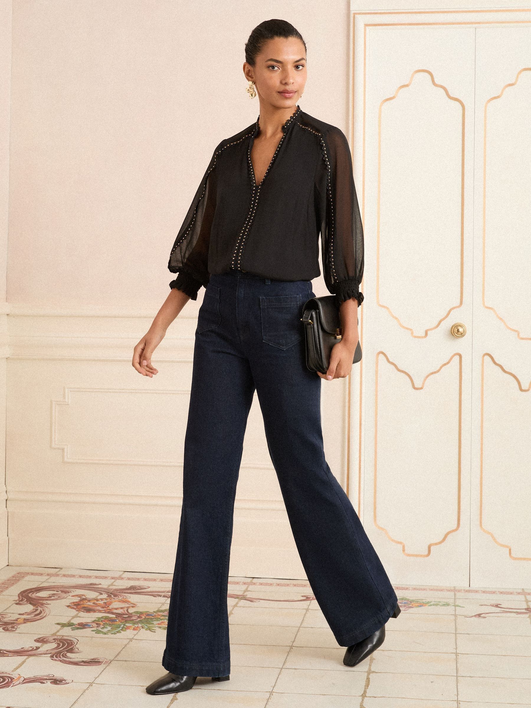 Zwart - Love & Roses blouse met V-hals en hardware met 3/4 mouwen