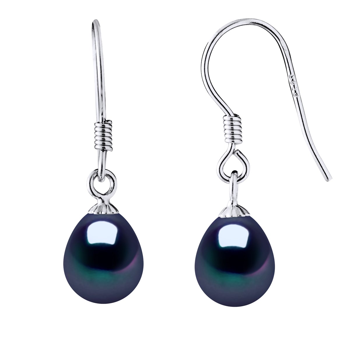 Crochets d'Oreilles Perles d'Eau Douce Poires 7-8 mm Noires Argent 925