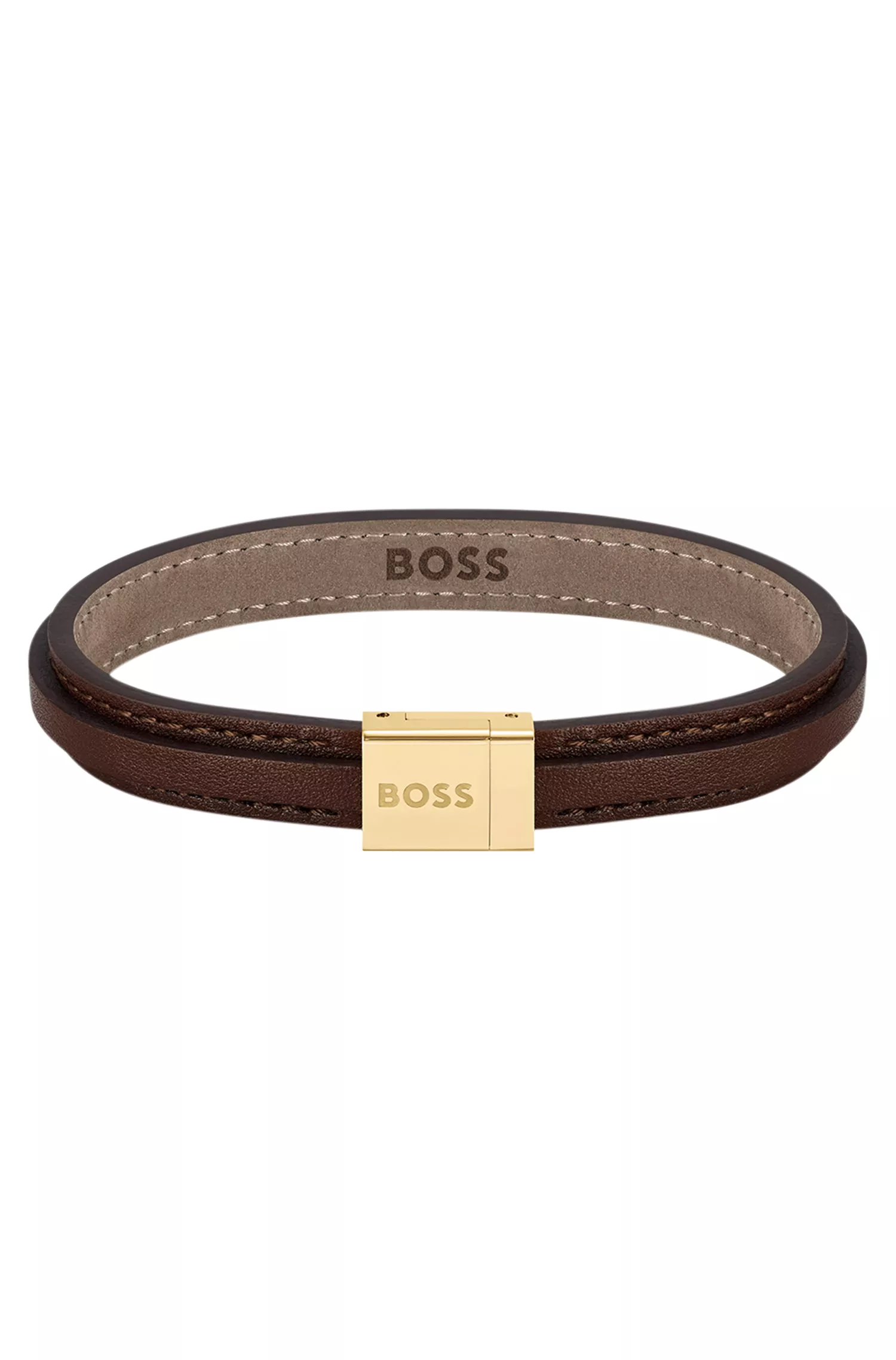 Pulseira BOSS preta de couro com camada dupla e fecho com detalhe do logotipo: tamanho pequeno