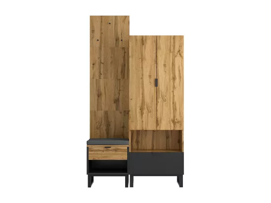 Ensemble vestiaire avec banc à chaussures et coussins, accessoires suspendus à l'avant, tiroirs et étagères réglables