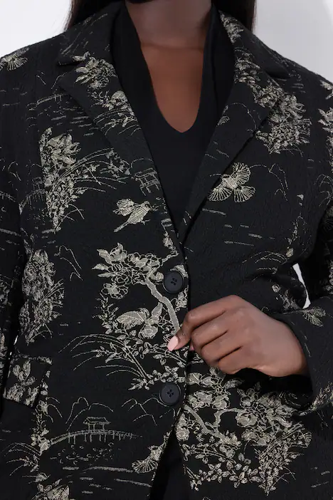 Jacquard-Blazer, Reverskragen, Langarm, Stretchfutter, schwarz