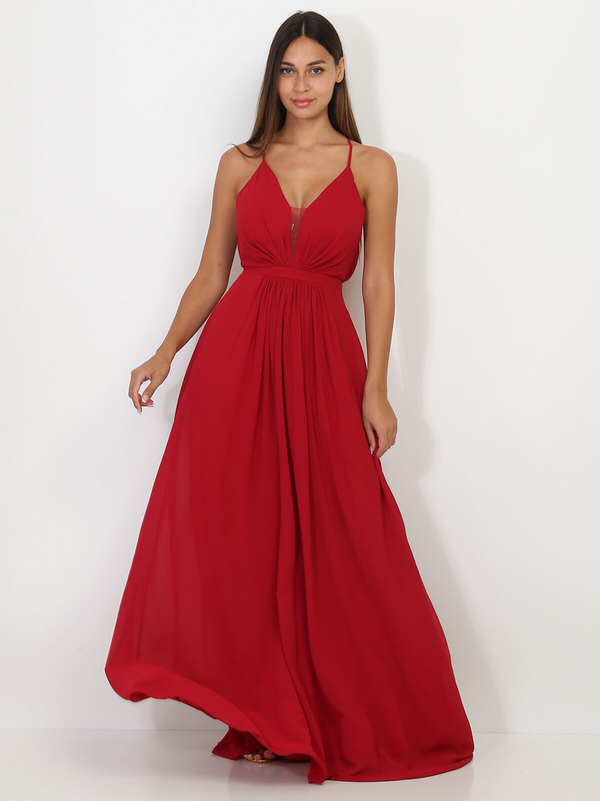 Robe longue drapée à bretelles- Cerise