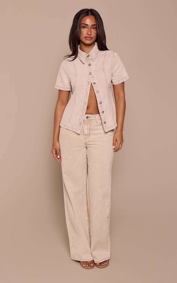 Gris Pierre Chemise Petite En Denim À Manches Courtes Avec Boutonnage