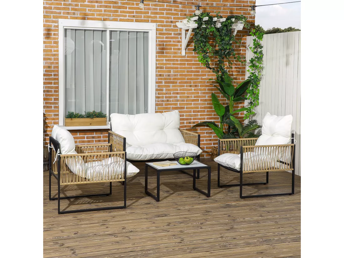 Ensemble salon de jardin 4 places 4 pièces 3 coussins acier résine crème