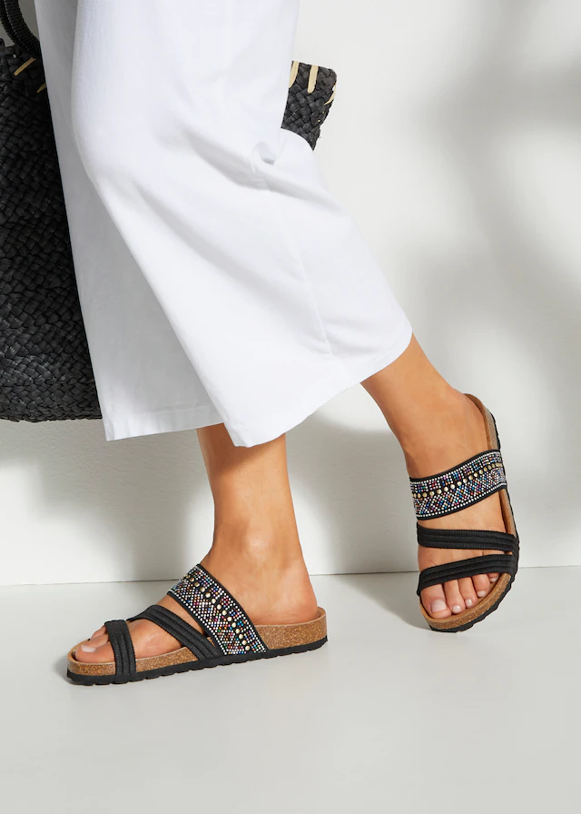 LASCANA Pantolette »Mule, Sandale, offener Schuh, Sommerschuh,«  mit Komfortkorkfussbett aus Leder und elastischen Riemen