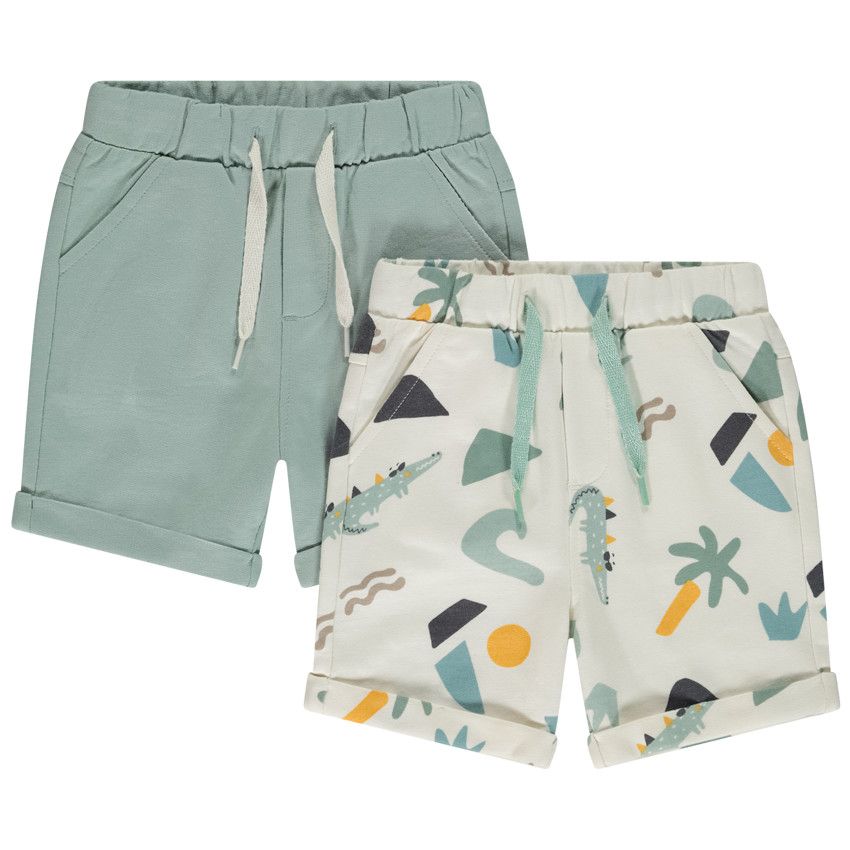 Lot de 2 bermudas molleton uni et imprimé pour bébé garçon - Vert