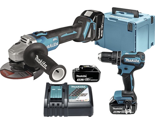 Makita 18V accu combiset met haakse slijper en slagboormachine inclusief 3x accu (3 Ah) en MAKPAC maat 4