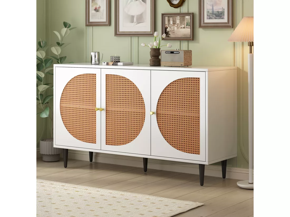 Buffet effet bois noyer avec 3 portes en rotin poignées pieds dorés 129,8x40x76cm OMOILL