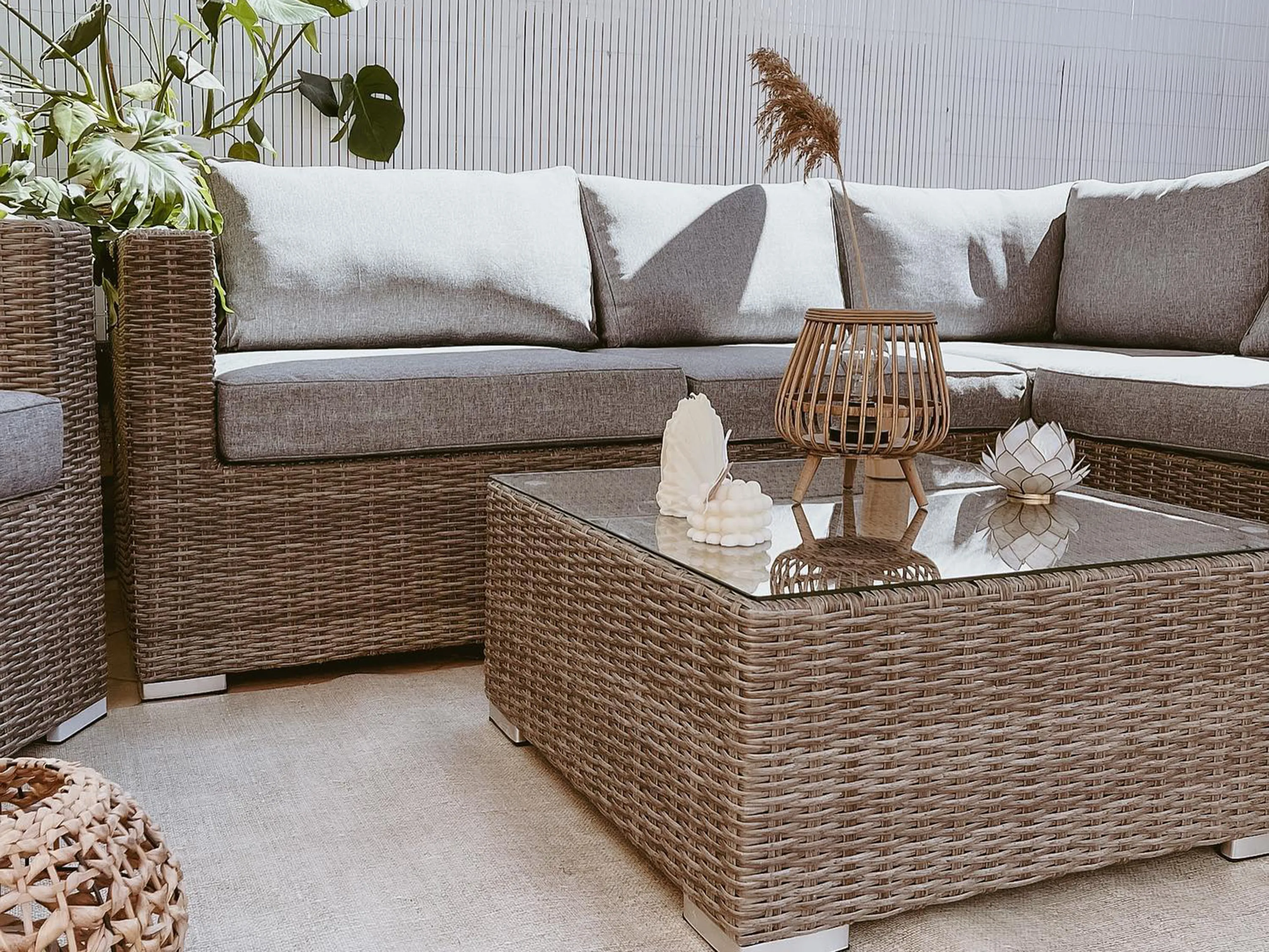 Loungeset met tafel 8-zits XXL rechtszijdig modulair PE rotan Grijs