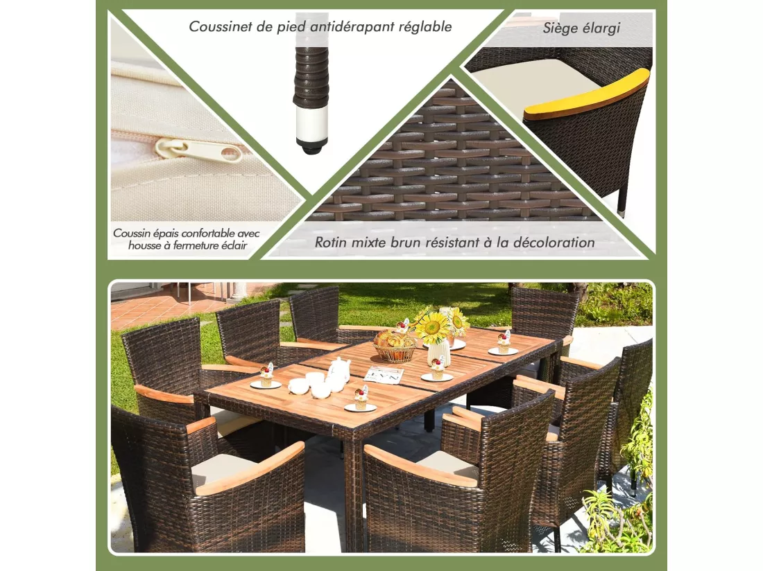 Salon de Jardin en Rotin et fibre naturelle 9 Pièces pour 8 Personnes Plateau de Table en Acacia, Ensemble de Salle à Manger de Patio, Chaque Chaise Charge 180KG