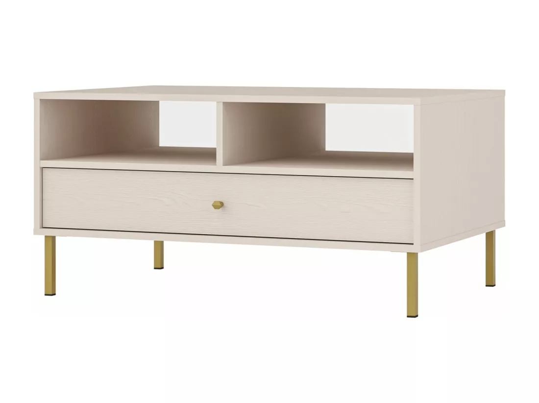 Table basse 1 tiroir - 100 cm - beige avec pieds dorés OKTIO