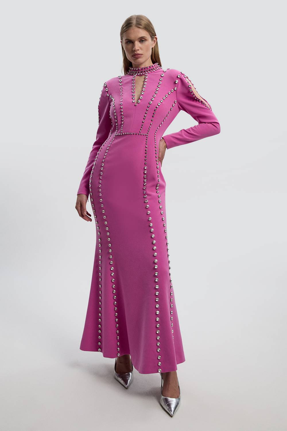 KarenMillen Robe Longue à Détail Décolleté Plongeant Tissée et Ornée de Cristaux