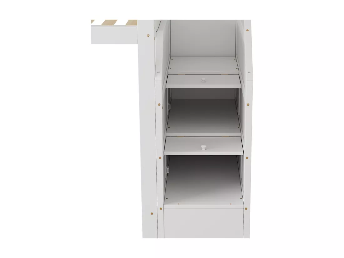 Lit en mezzanine 90x200 cm, avec sommier à lattes, rails, marches escamotables, espace librement combinable sur demande, certifié EN 747, blanc