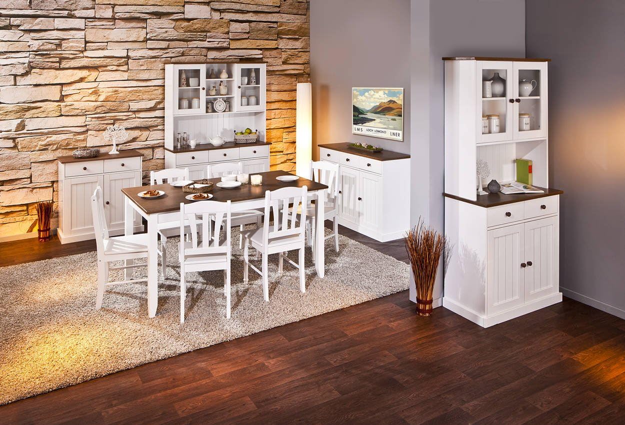 Inter Link – Vitrinenschrank – Buffet-Schrank – Esszimmerschrank – Geschirrschrank - Laudhausstil – Massivholz FSC – 4 Türen – 2 Schubladen – Westerland - 5.2, Weiss / Sepia