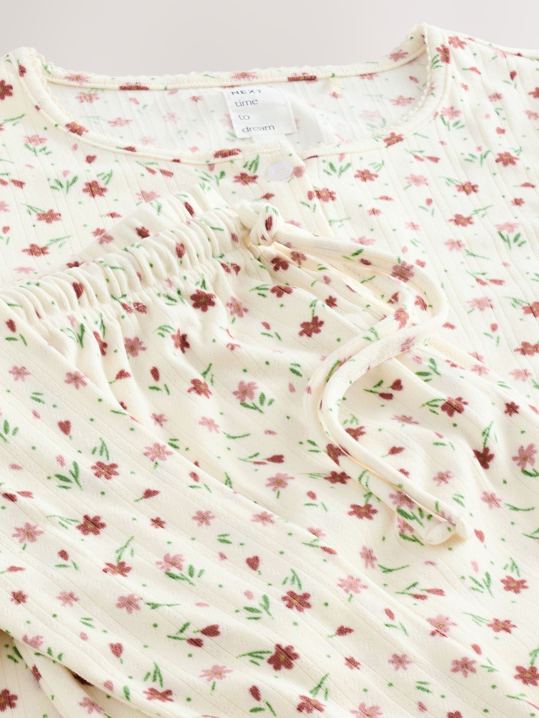 Crème met bloemetjesprint - Cosy Pointelle Long Sleeve Pyjamas