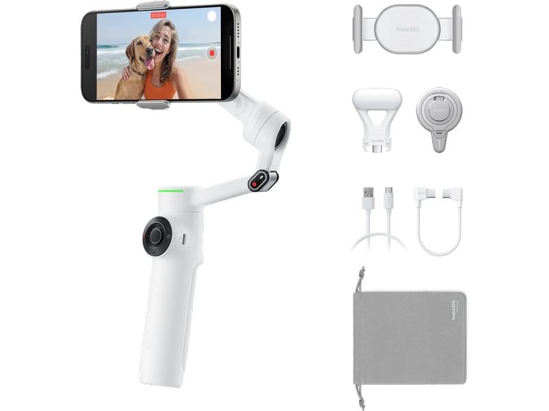 Insta360 Gimbal Flow 2 Pro Creator-Paket Weiss Ultimativer Kl-Tracking-Stabilisator mit Spotlight, magnetischer Handyhalterung und USB-C-Ladekabel