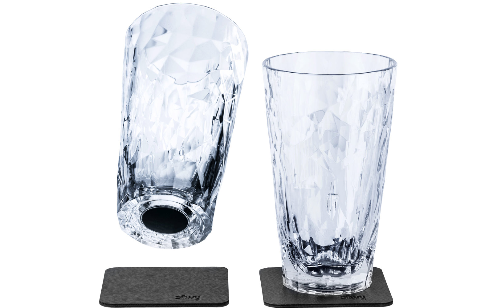 silwy® Magnet-Longdrink-Kunststoffgläser Transparent inkl. metallischem Gel-Untersetzer 2 Stk. (300 ml)
