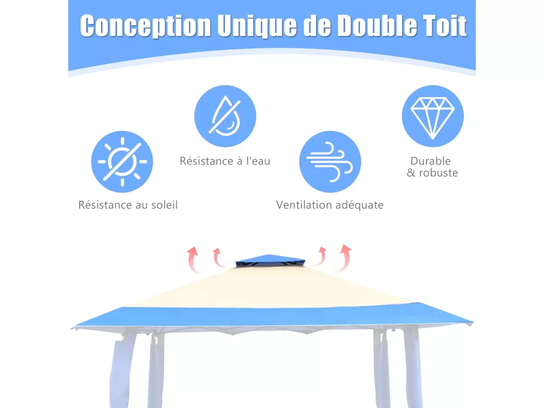 Tonnelle Barnum de Jardin Pliante Pop-up 3,95x3,95M 2 Toit Ventilés Tissu et velours Oxford 3 Hauteurs Réglable Sac de Rangement Bleu