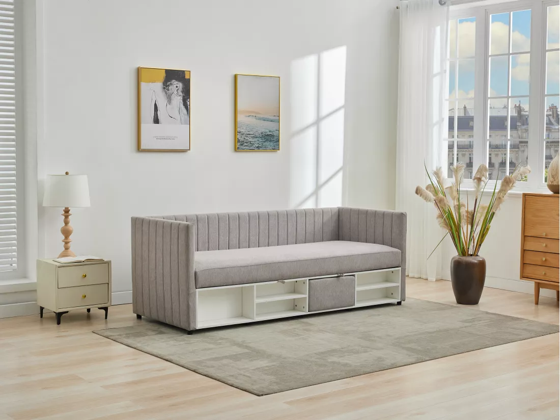 Lit coffre banquette 80 x 200 cm - Tissu - Taupe - LAOZIA