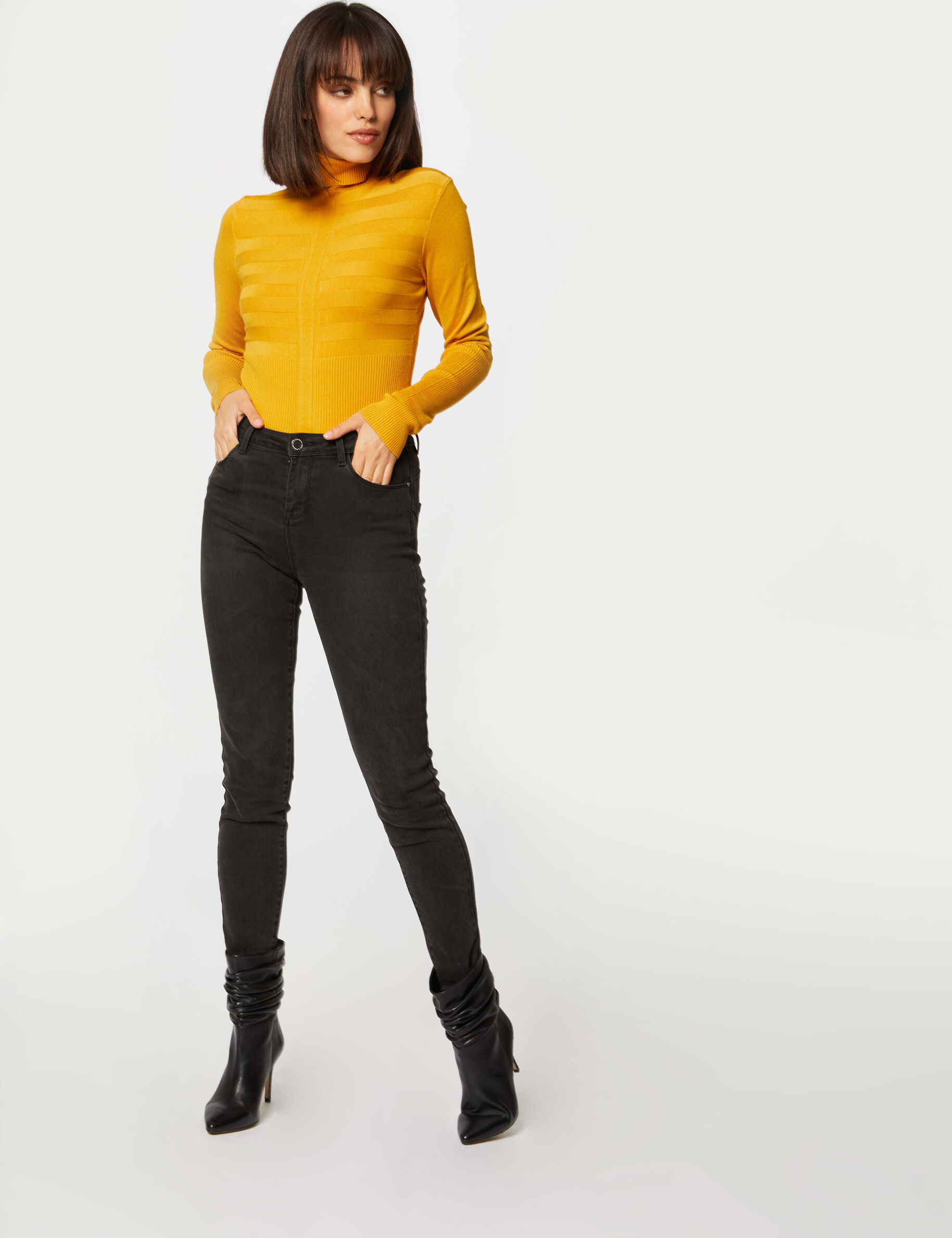 Pull manches longues col roulé jaune femme - jaune