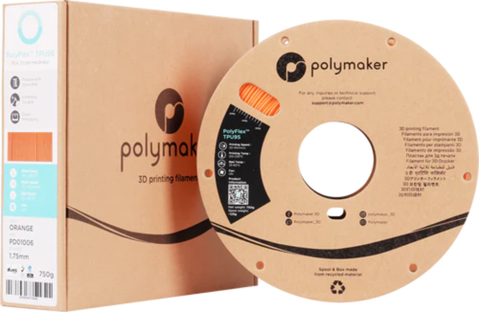 Polymaker  PolyFlex TPU95 Orange, 1,75 mm (750 g)    Oranges flexibles Filament einfach zu verarbeiten
