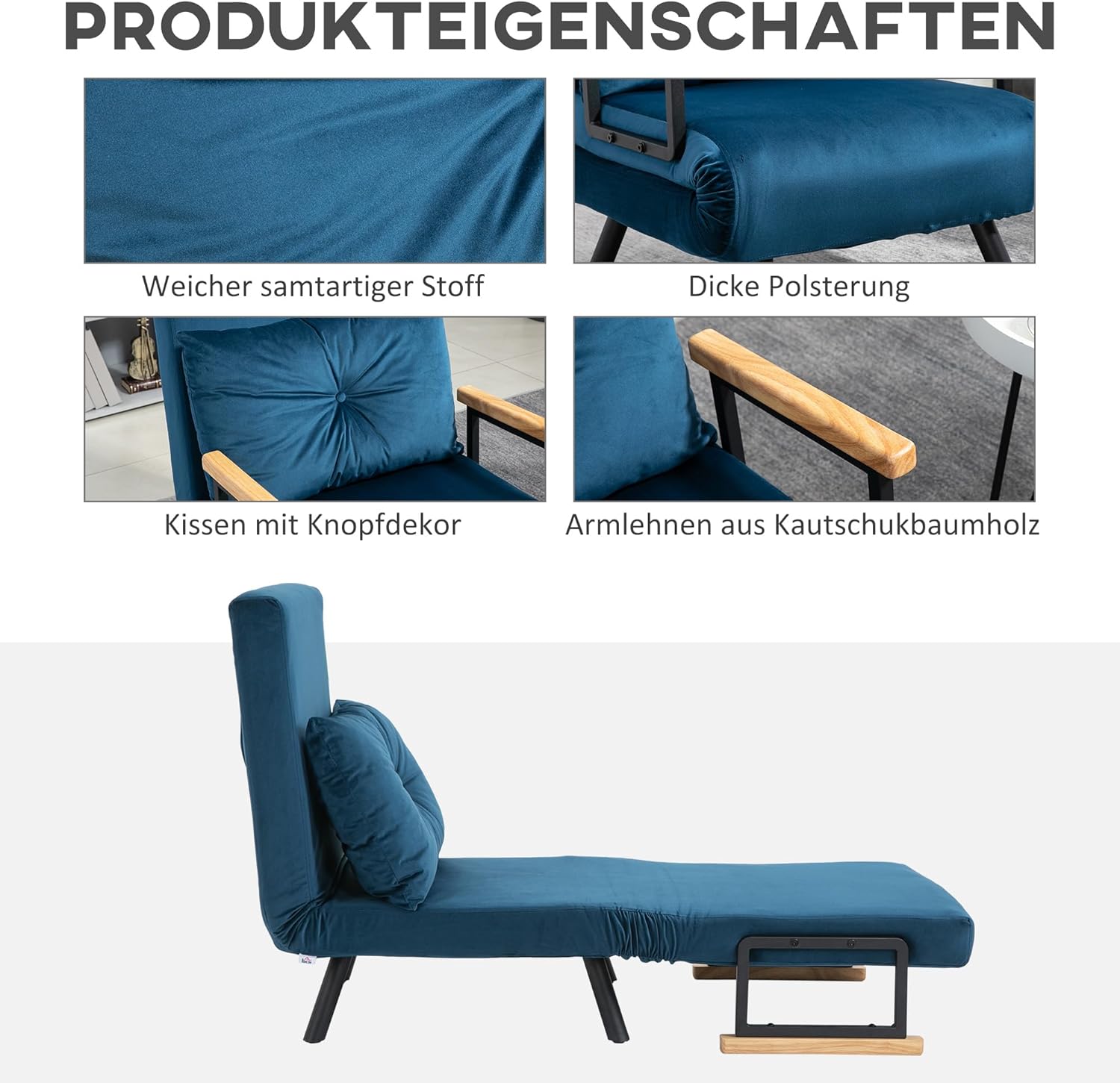 HOMCOM Schlafsessel 4 in 1 Sessel mit Schlaffunktion, 183 x 63 cm Klappbar Schlafsessel mit 5-stufig Verstellbarer Rückenlehne, Lendenkissen und Samtoptik für Wohnzimmer, Blau