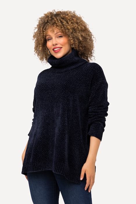Chenille-Pullover, Oversized, Stehkragen, Langarm