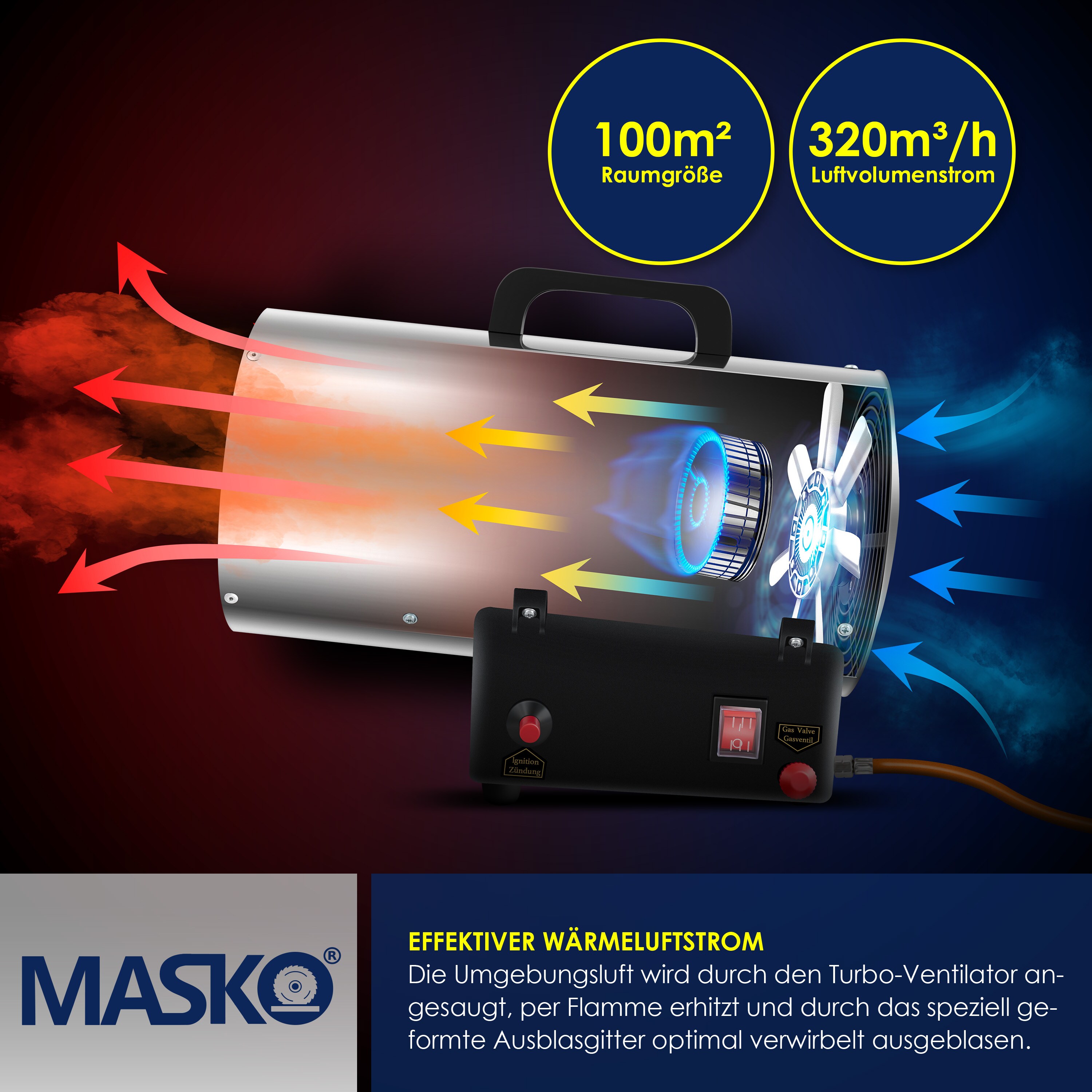 MASKO® Gasheizgebläse Gasheizer Heizkanone Gasheizstrahler Bauheizer Gas Heizgerät heizstrahler Heißluftgenerator inkl. Gasschlauch & Druckminderer Heizgebläse für handelsübliche Gasflaschen