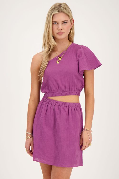 Paarse one-shoulder jurk met cut-out