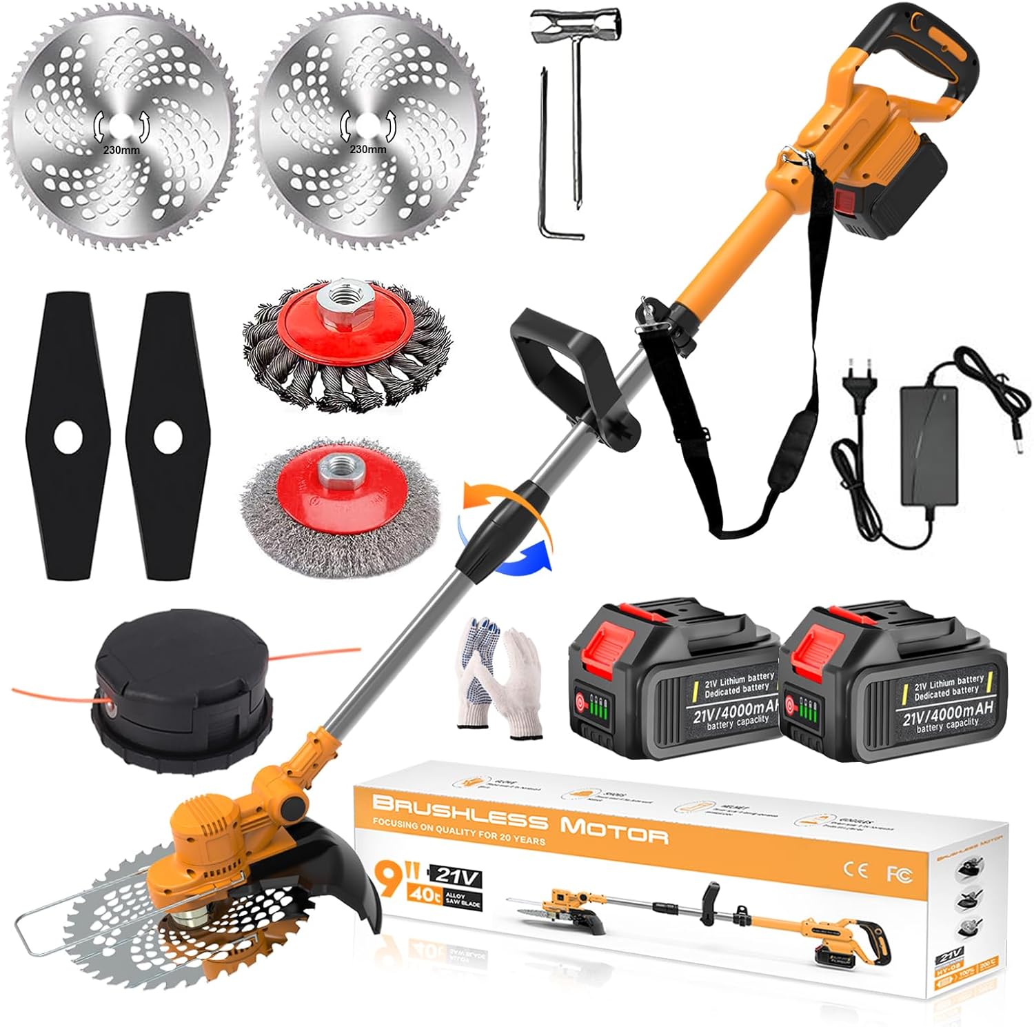 Rasentrimmer mit Akku 21V, Akku Rasentrimmer mit Unkrautbürste für Akkus mit 4 Klingentypen 750W Bürstenloser Freischneider Akku, Motorsense Akku mit 2X4.0Ah Akku & Ladegerät, Orange,b