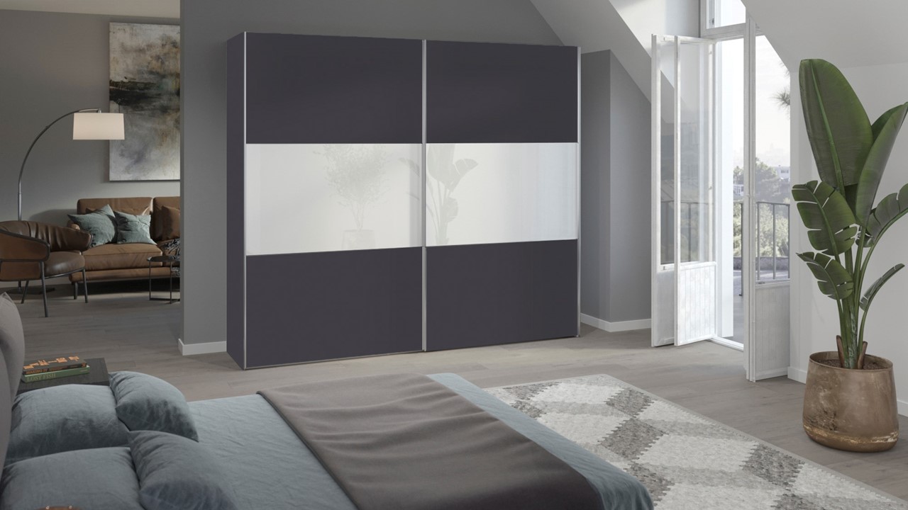 Schuifdeurkast Kixx met hout- en glaspanelen donkergrijs/wit