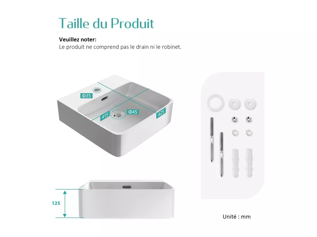 EMKE Vasque à Poser en céramique 41,5×42,5×12,5cm, Lavabo rectangulaire avec robinet trou prépercé, Lavabo à poser blanc brillant
