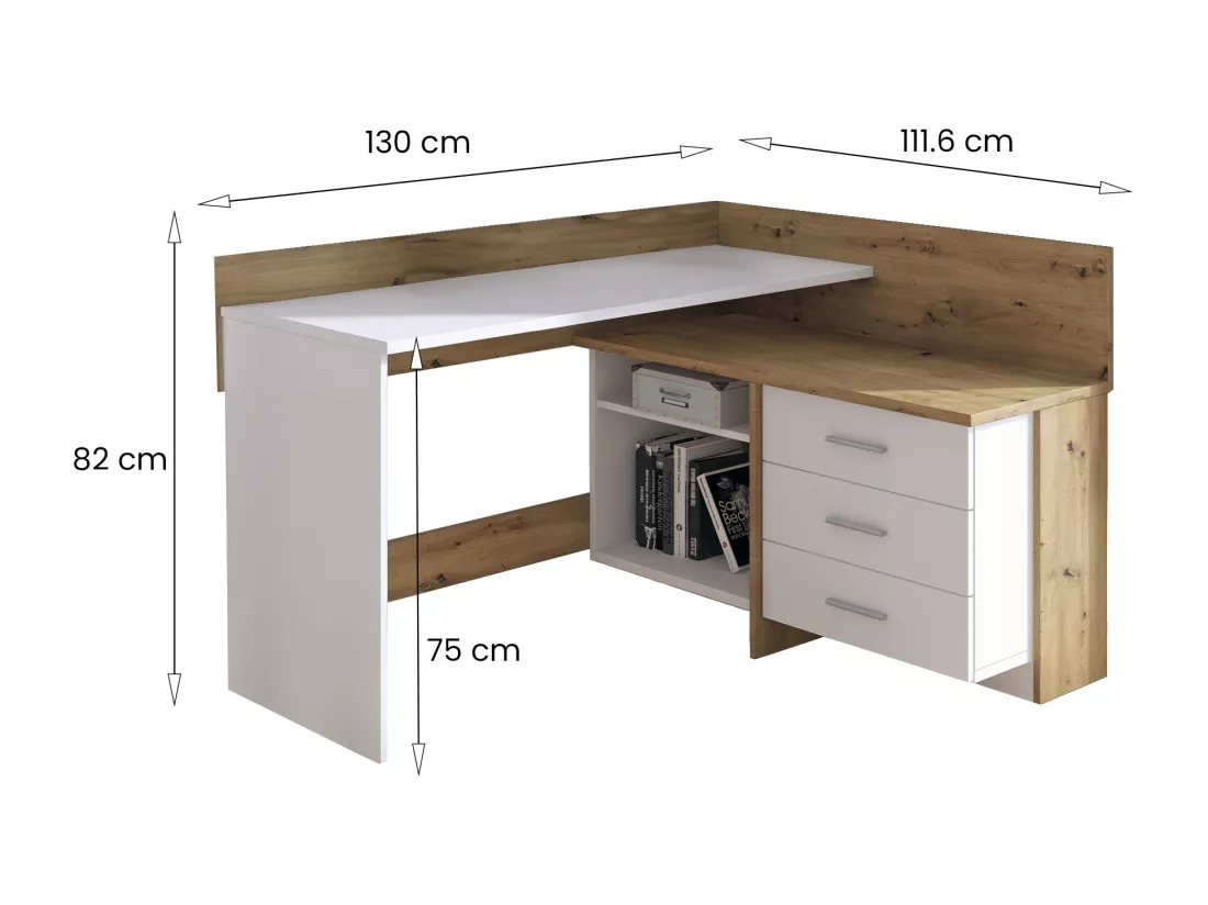 Bureau Hudson, Pupitre polyvalent, Table de bureau pour PC, Plan de travail, 130x112h82 cm, Blanc et nuds de chêne clair