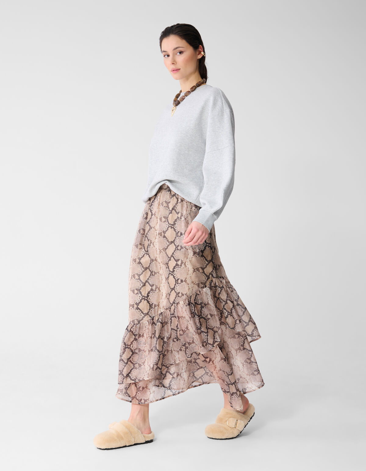 Snake Ruffle Maxi Rok Lichtbruin