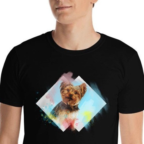 Camiseta masculina Mascochula, estampa aquarela, personalizada com seu animal de estimação, preta.