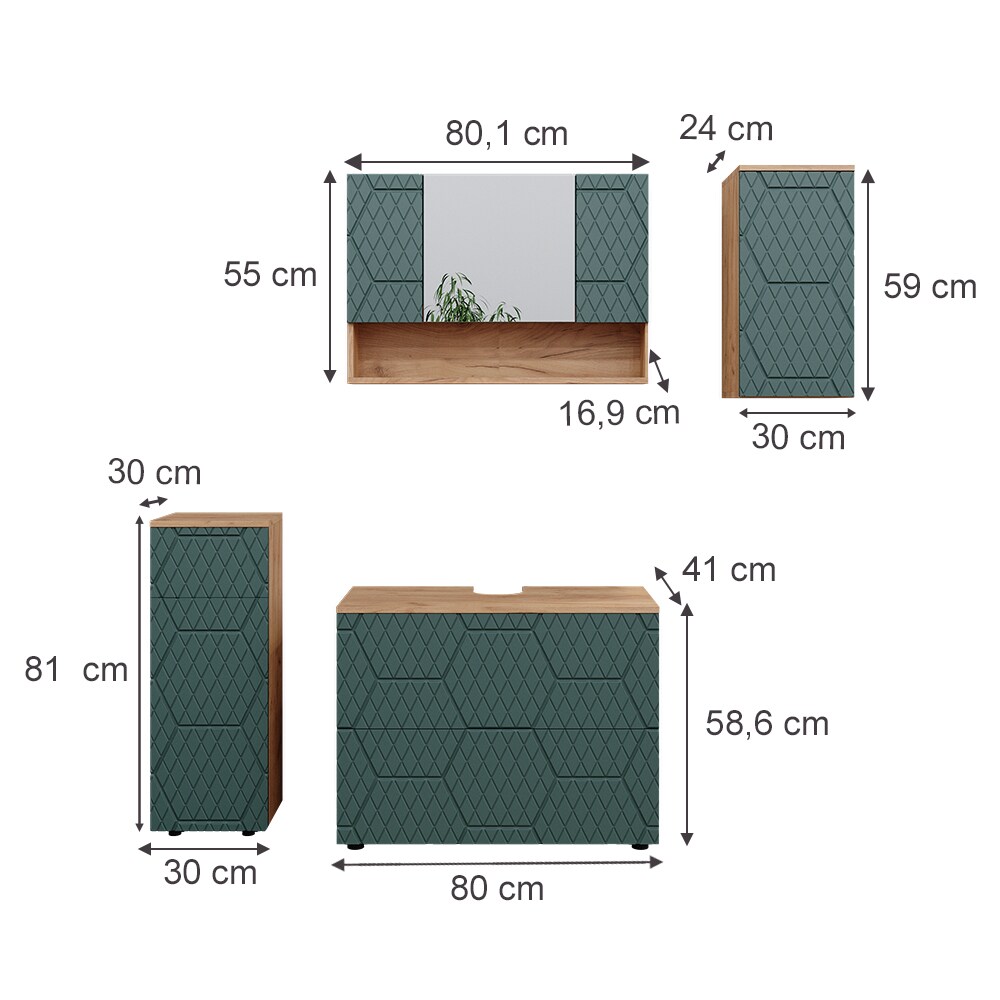 Vicco Badmöbel-Set Irma Eiche Grün 4-teilig Midischrank 81 cm Hängeschrank