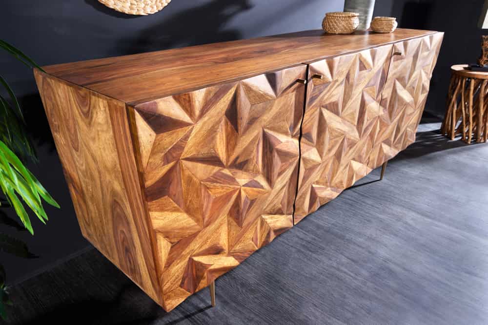 Massivholz Sideboard ALPINE 145cm braun Sheesham stone finish Metall matt gold