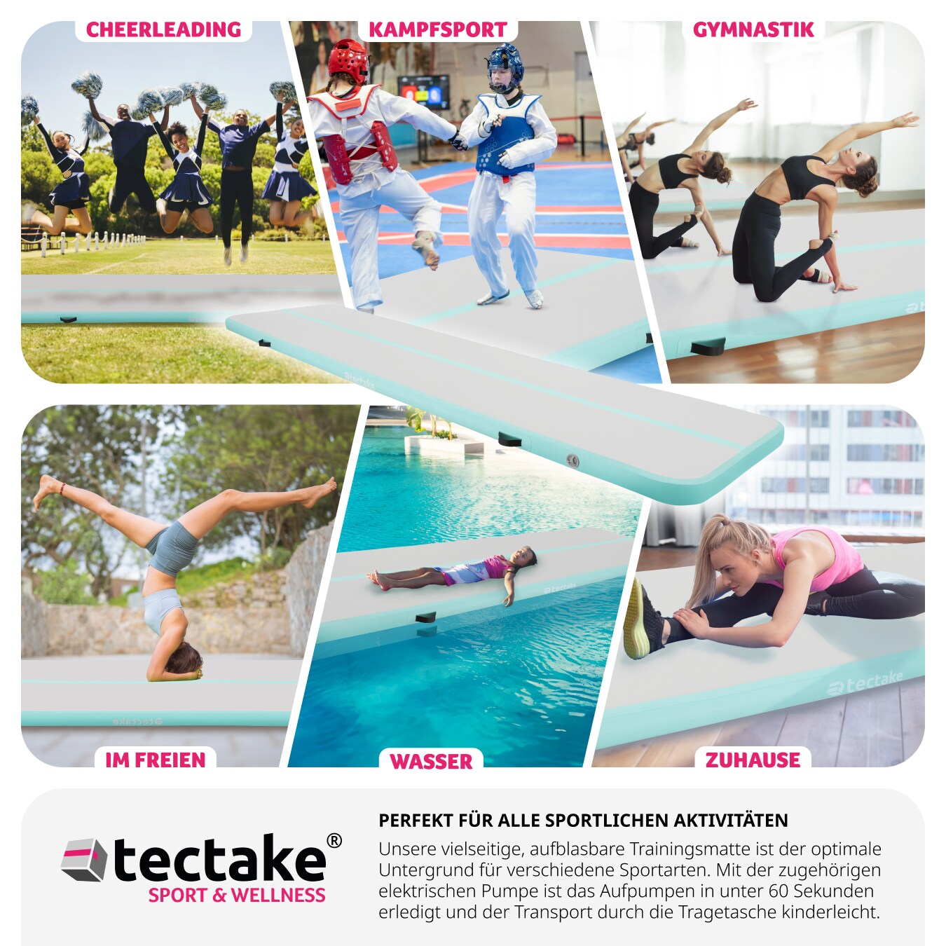 tectake® Airtrack Trainingsmatte, aufblasbar, rutschfestes, hochwertiges PVC, inkl. Transporttasche, 397 x 104 x 10 cm
