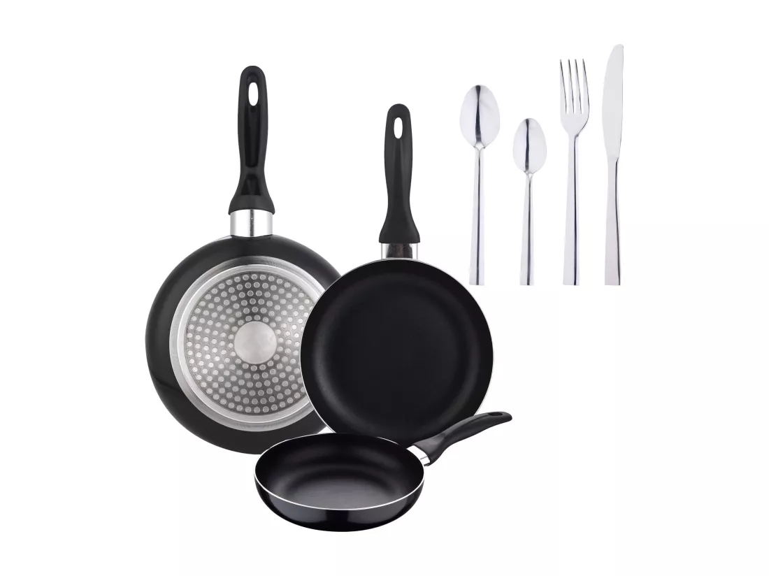 Coffret 3 poêles Ø16Ø20Ø24 aluminium embouti + Coffret 24 couverts inox chromé