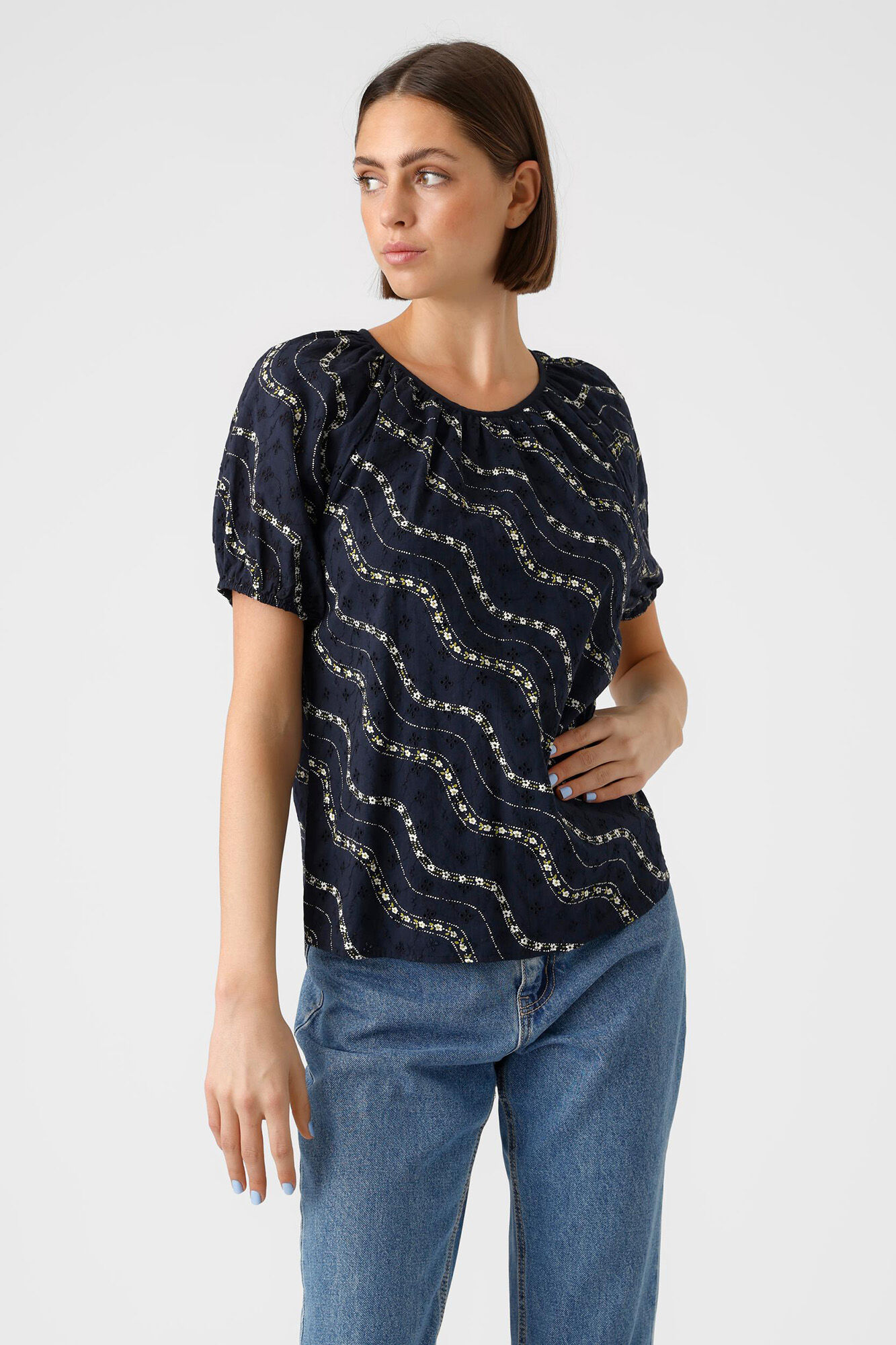 Blusa de algodão com mangas bufantes - Azul marinho