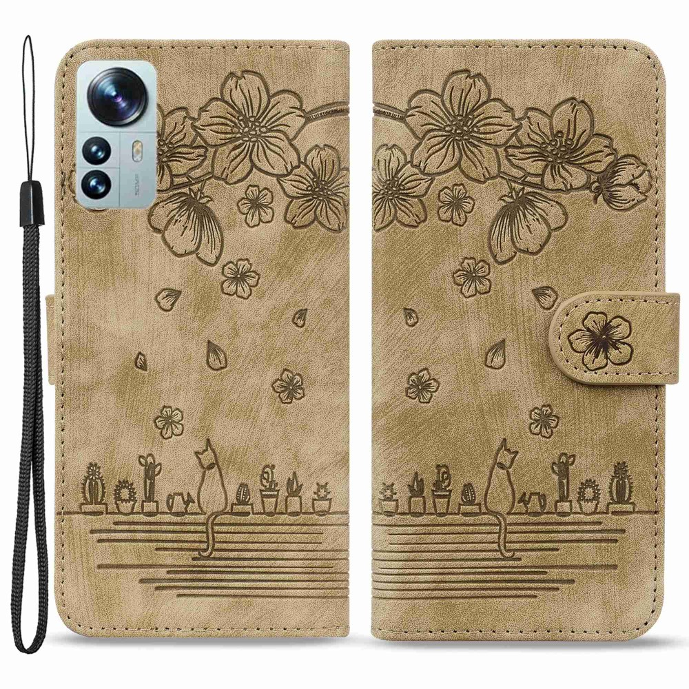 Xiaomi 12 Leder Tasche Flip Cover Katze & Blumen Imprint - Braun