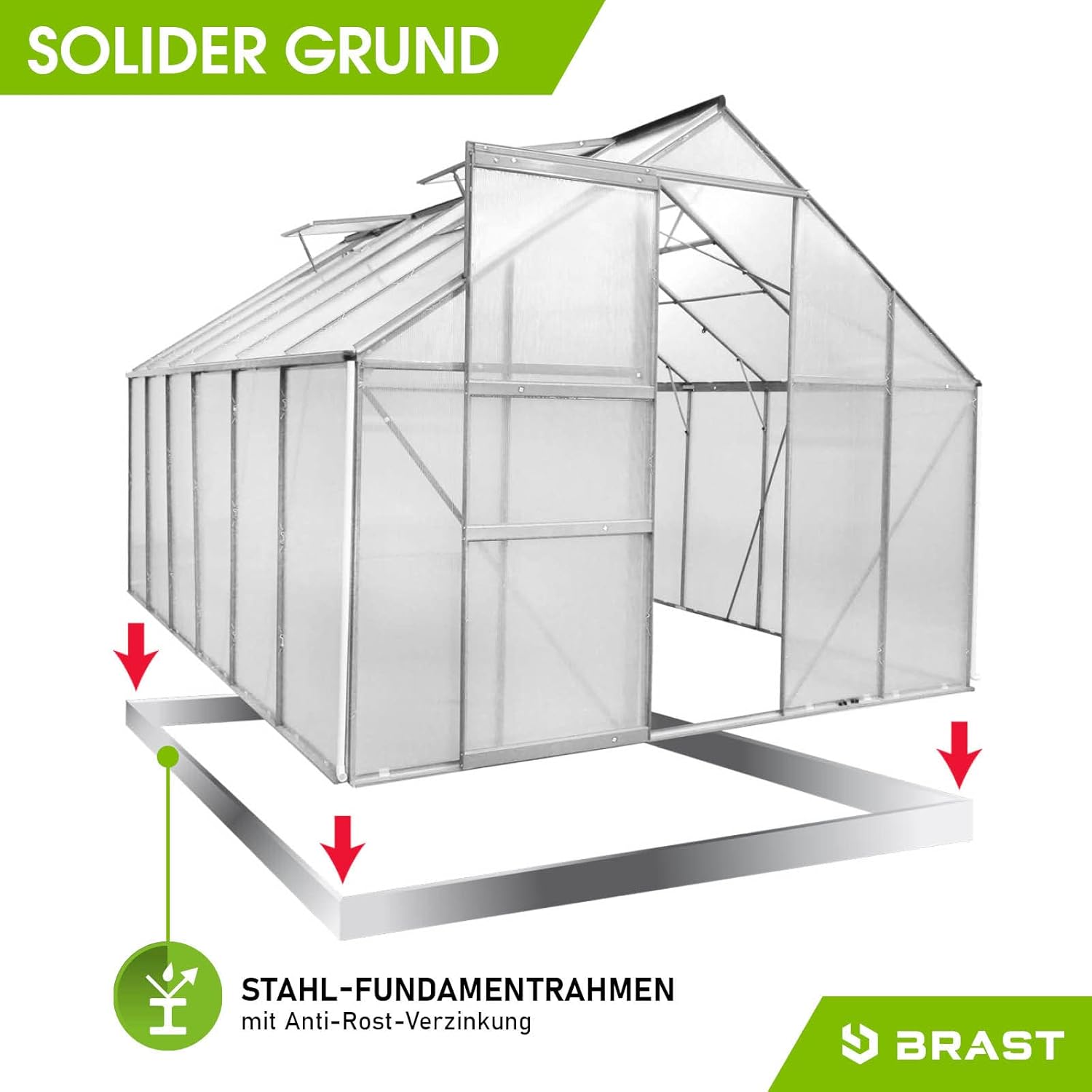 BRAST Gewächshaus Aluminium mit Fundament | 42 Modelle | 130x190x195cm - 490x250x235cm | TÜV geprüft | 6mm Hohlkammerplatten | rostfrei wetterfest temperaturbeständig | 380x250x205cm Silber