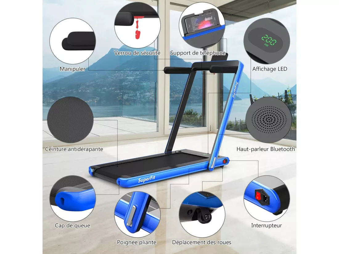 Tapis de Course Electrique Pliable 2 en 1 Contrôlé par APP, 12 Km/H, Bluetooth Moteur 600W, vec Haut-Parleur Bluetooth, Télécommande, Ecran Multifonctions LED