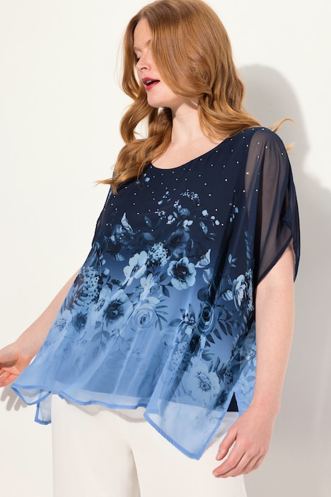 Blusenshirt, oversized, Chiffon mit Blüte, Jersey
