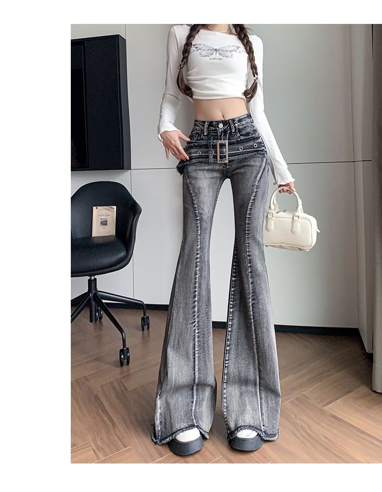 Klevy - Mid Waist Washed Rafled Belted Bell Bottom Jeans