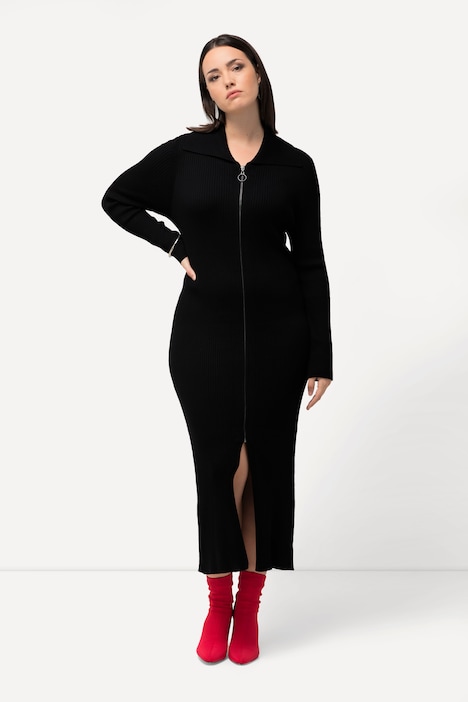 Strickkleid, Rippstrick, Zipper, Klappkragen, Langarm
