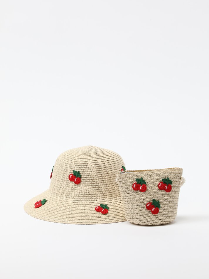 Conjunto de chapéu e bolsa em ráfia cor cereja - Natural
