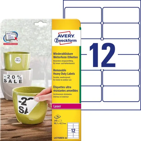Avery Zweckform L4776REV-20 Wiederablösbare, wetterfeste Etiketten, 99,1 x 42,3 mm, 20 Bogen/240 Etiketten, weiß